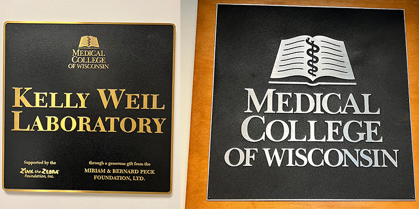 Two signs that say Kelly Well Medical College with references to Glanzmann's Thrombasthenia.