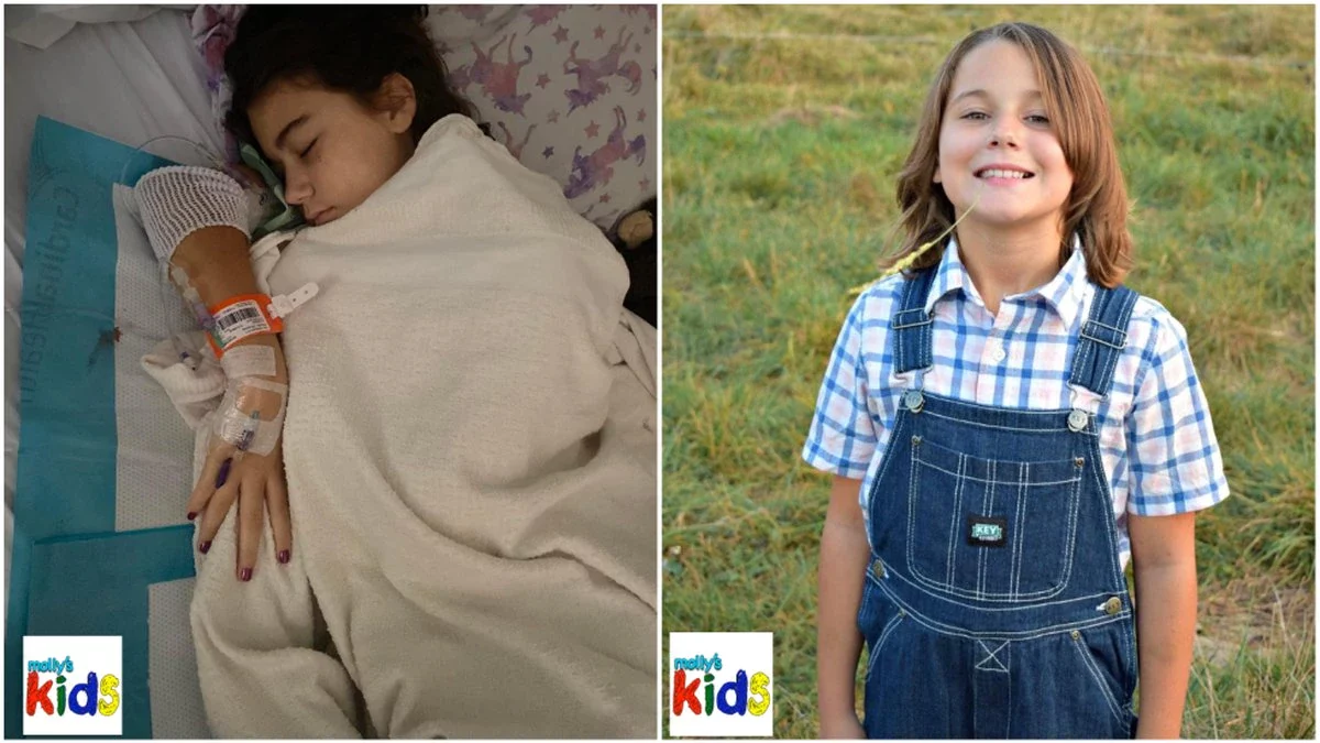 Two pictures of a girl with Glanzmann's Thrombasthenia in a hospital bed and overalls.